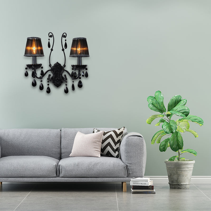 1/2-Light Cone Wall Mount Light Modernist Crystal Sconce Light with/without Shade in Polished Black for Living Room 2.0 Black With Shade Clearhalo 'Cast Iron' 'Glass' 'Industrial' 'Modern wall lights' 'Modern' 'Tiffany' 'Traditional wall lights' 'Wall Lamps & Sconces' 'Wall Lights' Lighting' 157050
