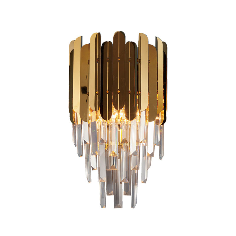 1 Light K9 Crystal Wall Lighting with Sheet Metal Modernism Sconce Light Fixture in Brass for Bedroom Clearhalo 'Cast Iron' 'Glass' 'Industrial' 'Modern wall lights' 'Modern' 'Tiffany' 'Traditional wall lights' 'Wall Lamps & Sconces' 'Wall Lights' Lighting' 157145