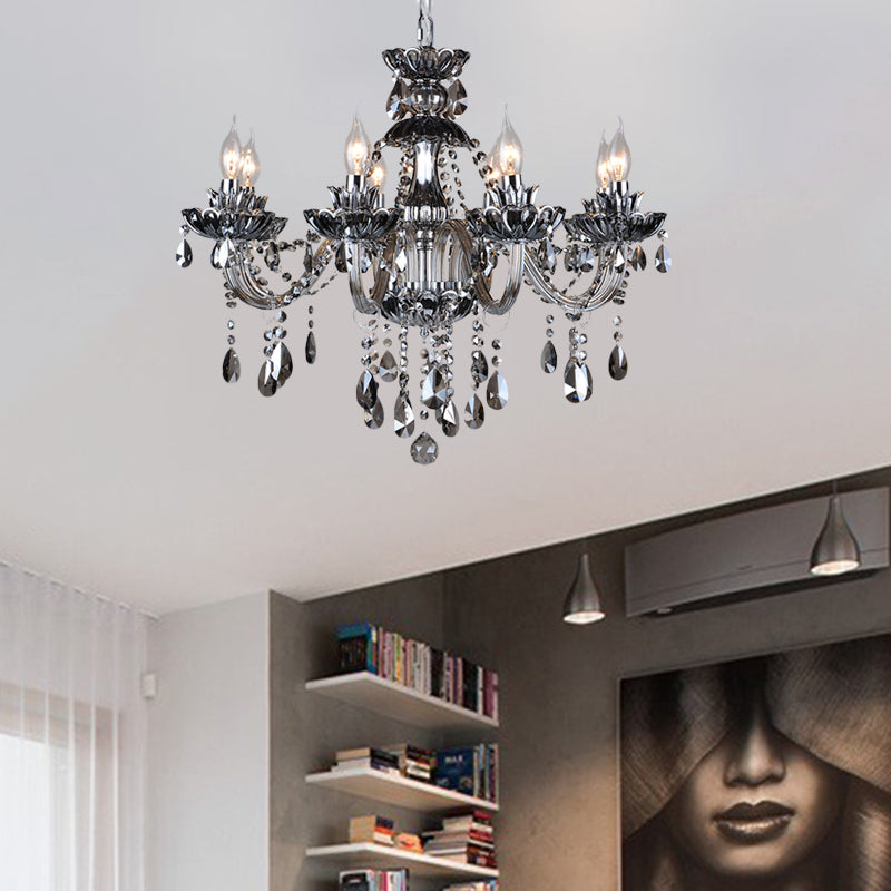 6/8 Lights Candle Chandelier Lighting Vintage Crystal and Glass Hanging Pendant Light with Curved Arm in Smoke Grey 8 Smoke Gray Clearhalo 'Ceiling Lights' 'Chandeliers' 'Modern Chandeliers' 'Modern' Lighting' 157179