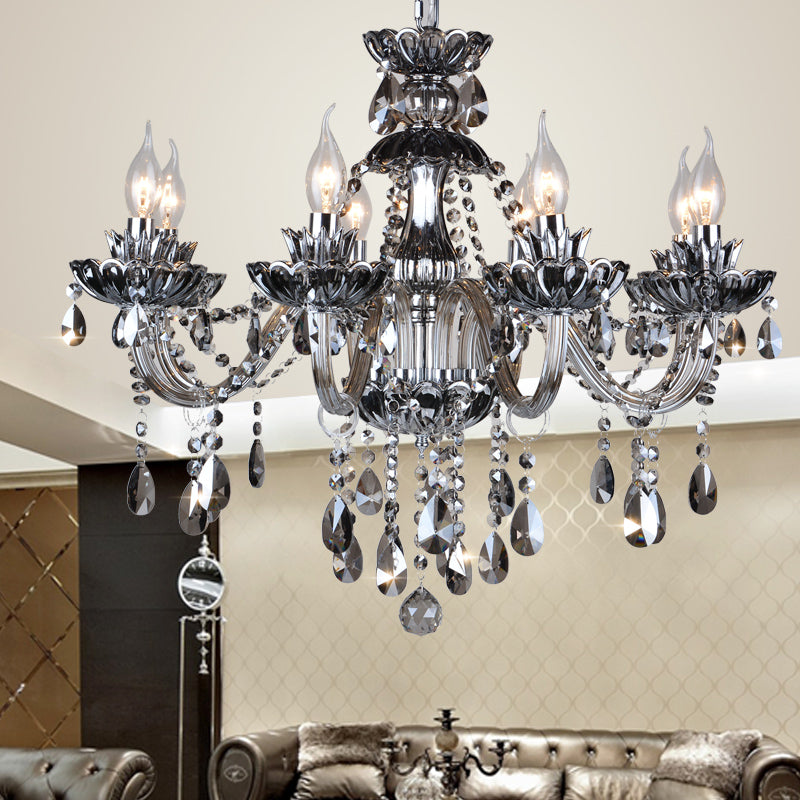 6/8 Lights Candle Chandelier Lighting Vintage Crystal and Glass Hanging Pendant Light with Curved Arm in Smoke Grey Clearhalo 'Ceiling Lights' 'Chandeliers' 'Modern Chandeliers' 'Modern' Lighting' 157180