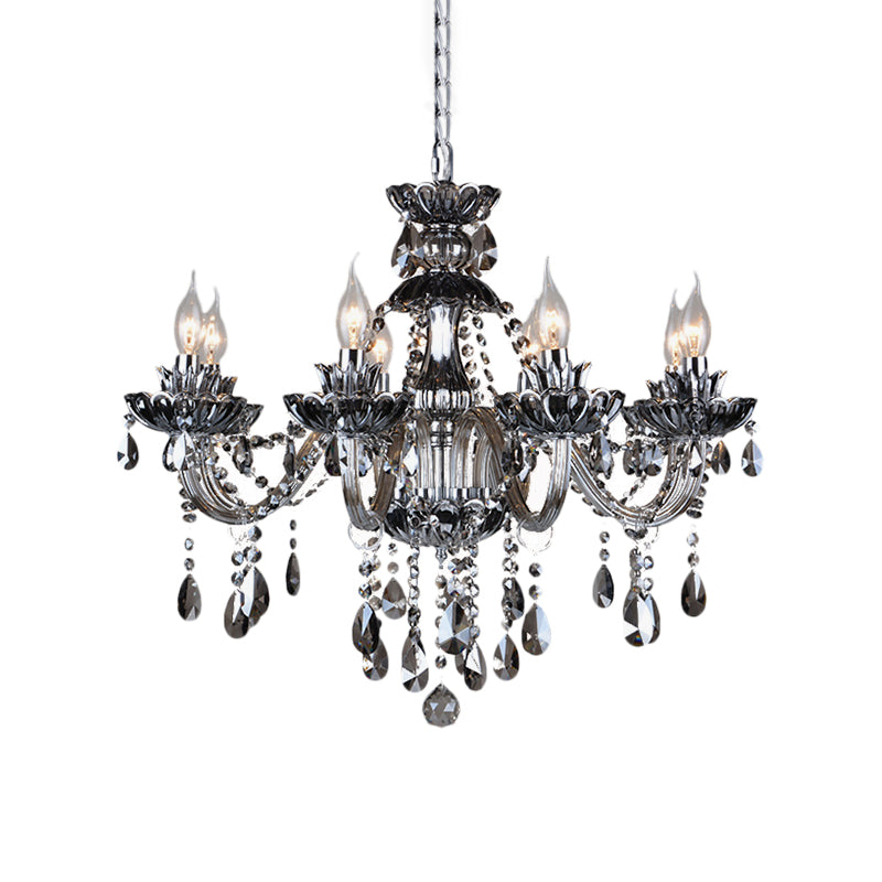 6/8 Lights Candle Chandelier Lighting Vintage Crystal and Glass Hanging Pendant Light with Curved Arm in Smoke Grey Clearhalo 'Ceiling Lights' 'Chandeliers' 'Modern Chandeliers' 'Modern' Lighting' 157181