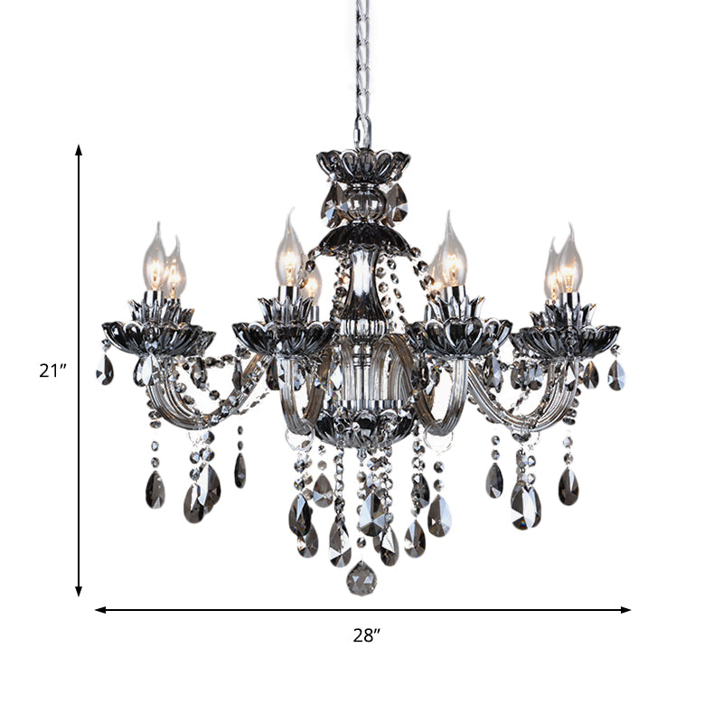 6/8 Lights Candle Chandelier Lighting Vintage Crystal and Glass Hanging Pendant Light with Curved Arm in Smoke Grey Clearhalo 'Ceiling Lights' 'Chandeliers' 'Modern Chandeliers' 'Modern' Lighting' 157182