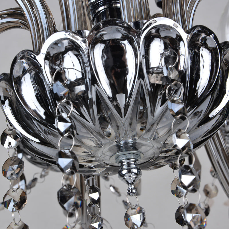 6/8 Lights Candle Chandelier Lighting Vintage Crystal and Glass Hanging Pendant Light with Curved Arm in Smoke Grey Clearhalo 'Ceiling Lights' 'Chandeliers' 'Modern Chandeliers' 'Modern' Lighting' 157183