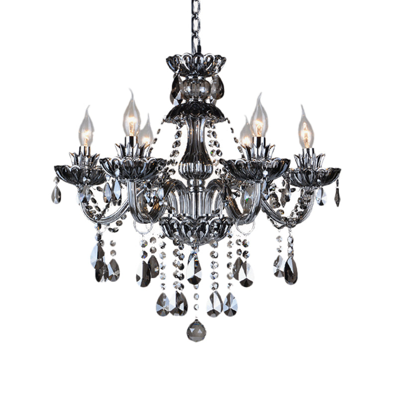 6/8 Lights Candle Chandelier Lighting Vintage Crystal and Glass Hanging Pendant Light with Curved Arm in Smoke Grey Clearhalo 'Ceiling Lights' 'Chandeliers' 'Modern Chandeliers' 'Modern' Lighting' 157186