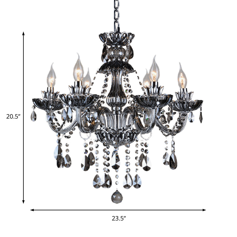 6/8 Lights Candle Chandelier Lighting Vintage Crystal and Glass Hanging Pendant Light with Curved Arm in Smoke Grey Clearhalo 'Ceiling Lights' 'Chandeliers' 'Modern Chandeliers' 'Modern' Lighting' 157187