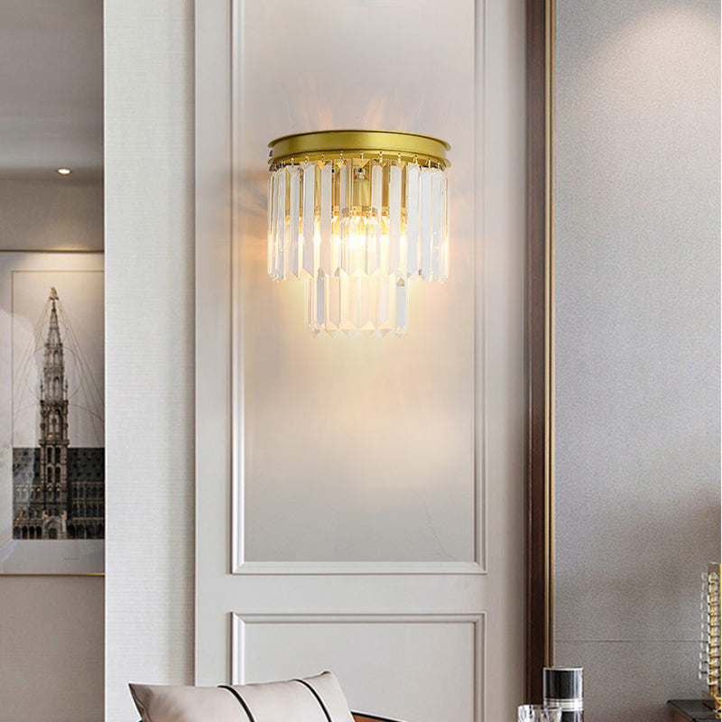 Clear Faceted Crystal Wall Lamp 2 Bulbs Modernist Style Wall Light Fixture in Gold Finish Gold Clearhalo 'Modern wall lights' 'Modern' 'Wall Lamps & Sconces' 'Wall Lights' Lighting' 157193