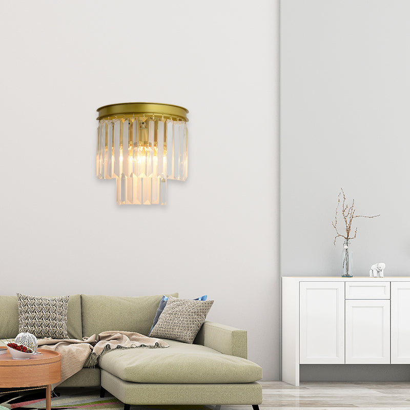 Clear Faceted Crystal Wall Lamp 2 Bulbs Modernist Style Wall Light Fixture in Gold Finish Clearhalo 'Modern wall lights' 'Modern' 'Wall Lamps & Sconces' 'Wall Lights' Lighting' 157194