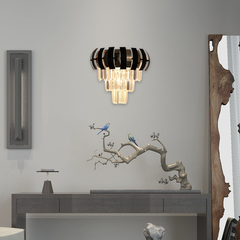 3 Bulbs Layered Wall Sconce Modern Style Clear Crystal Wall Light Fixture in Gold for Corridor Clearhalo 'Cast Iron' 'Glass' 'Industrial' 'Modern wall lights' 'Modern' 'Tiffany' 'Traditional wall lights' 'Wall Lamps & Sconces' 'Wall Lights' Lighting' 157199