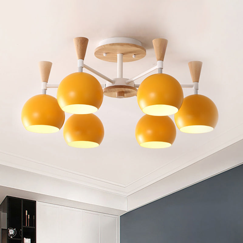 Macaron 3/6/8-Light Ceiling Lamp with Acrylic Shade Pink/Yellow/Blue Dome Semi Flush Pendant 6 Yellow Clearhalo 'Ceiling Lights' 'Close To Ceiling Lights' 'Close to ceiling' 'Semi-flushmount' Lighting' 157226