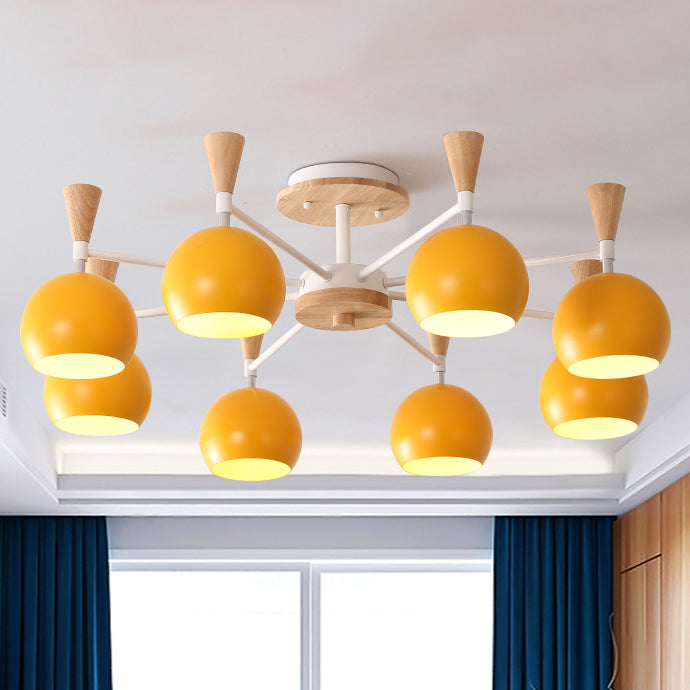 Macaron 3/6/8-Light Ceiling Lamp with Acrylic Shade Pink/Yellow/Blue Dome Semi Flush Pendant 8 Yellow Clearhalo 'Ceiling Lights' 'Close To Ceiling Lights' 'Close to ceiling' 'Semi-flushmount' Lighting' 157241