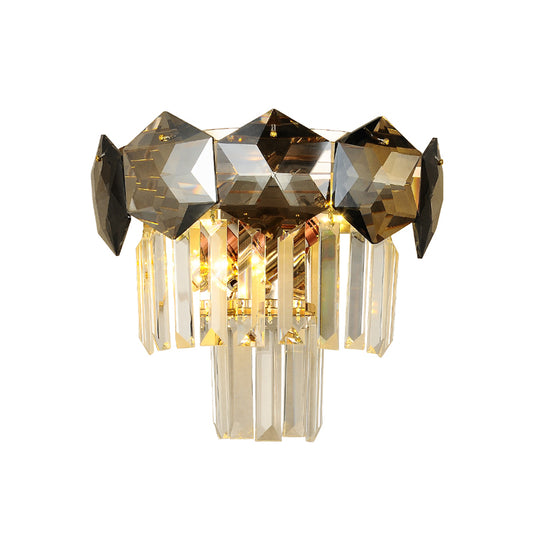 Vintage Faceted Wall Sconce Crystal Modernist 2 Bulbs Wall Light Fixture in Smoke Gray for Restaurant Clearhalo 'Cast Iron' 'Glass' 'Industrial' 'Modern wall lights' 'Modern' 'Tiffany' 'Traditional wall lights' 'Wall Lamps & Sconces' 'Wall Lights' Lighting' 157250