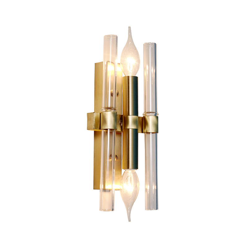 2 Bulbs Candle Wall Sconce Vintage Style Metal Sconce Lighting with Clear Crystal Pipe in Brass Finish Clearhalo 'Cast Iron' 'Glass' 'Industrial' 'Modern wall lights' 'Modern' 'Tiffany' 'Traditional wall lights' 'Wall Lamps & Sconces' 'Wall Lights' Lighting' 157263
