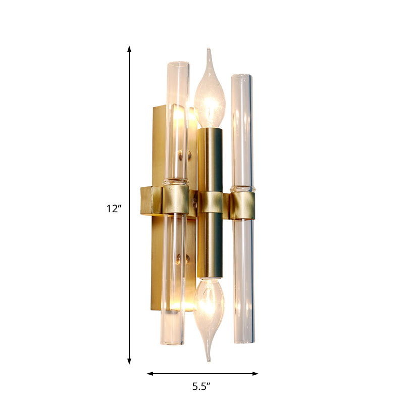 2 Bulbs Candle Wall Sconce Vintage Style Metal Sconce Lighting with Clear Crystal Pipe in Brass Finish Clearhalo 'Cast Iron' 'Glass' 'Industrial' 'Modern wall lights' 'Modern' 'Tiffany' 'Traditional wall lights' 'Wall Lamps & Sconces' 'Wall Lights' Lighting' 157264