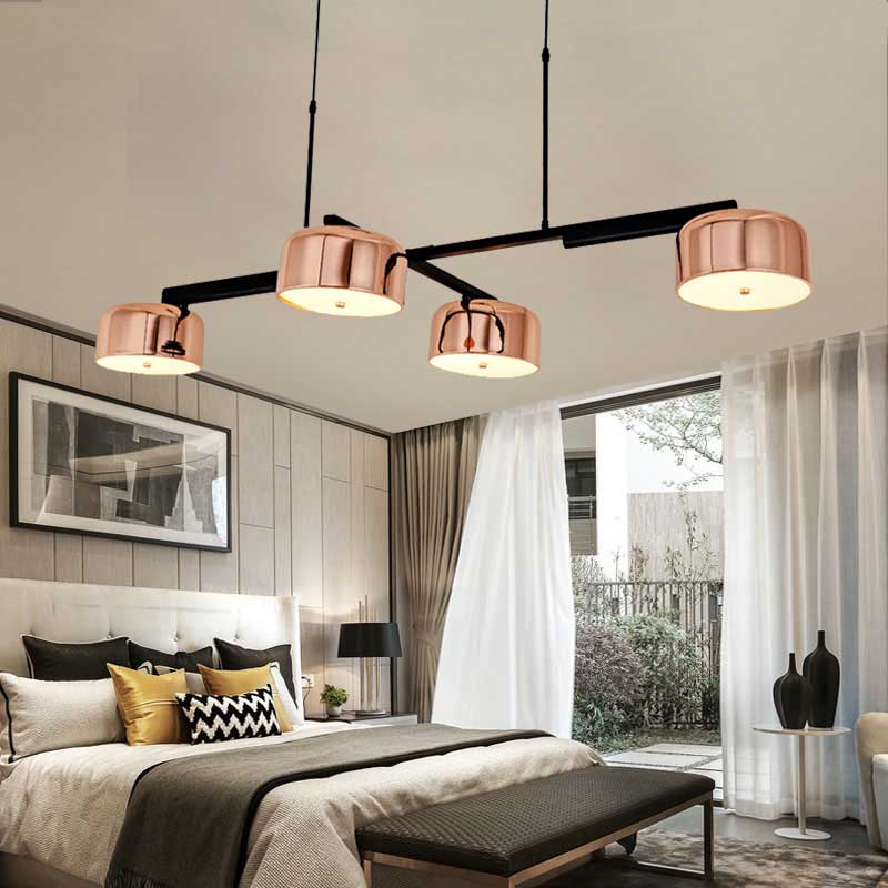 Modernism Linear Hanging Lighting with Drum Shade Metal 4-Light Bedroom Island Pendant Light in Black/Rose Gold Rose Gold Clearhalo 'Ceiling Lights' 'Island Lights' Lighting' 157347