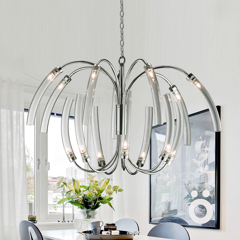 Curved Tube Chandelier Lamp Contemporary Style Clear Glass 16/24 Lights Chrome Hanging Light Fixture 16 Chrome Clearhalo 'Ceiling Lights' 'Chandeliers' 'Modern Chandeliers' 'Modern' Lighting' 157373