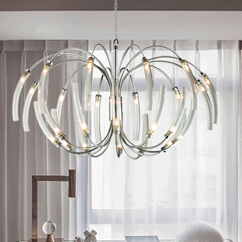 Curved Tube Chandelier Lamp Contemporary Style Clear Glass 16/24 Lights Chrome Hanging Light Fixture 24 Chrome Clearhalo 'Ceiling Lights' 'Chandeliers' 'Modern Chandeliers' 'Modern' Lighting' 157377