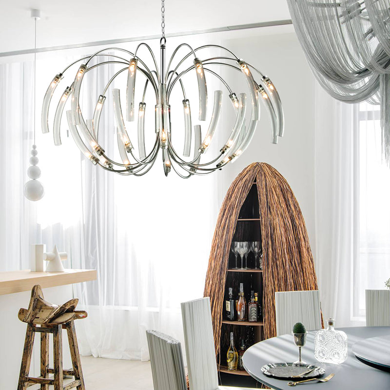 Curved Tube Chandelier Lamp Contemporary Style Clear Glass 16/24 Lights Chrome Hanging Light Fixture Clearhalo 'Ceiling Lights' 'Chandeliers' 'Modern Chandeliers' 'Modern' Lighting' 157378