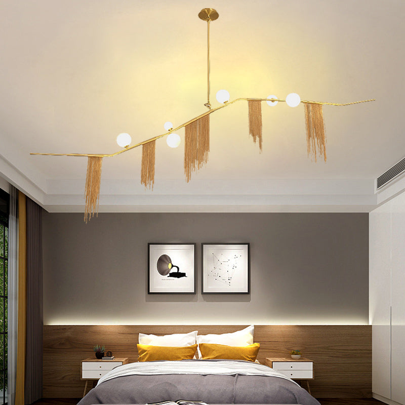 Golden Linear Chandelier Pendant Light with Bubble Shade Modern 6/9 Heads Opal Glass Hanging Fixture for Bedroom 6 Gold Clearhalo 'Ceiling Lights' 'Chandeliers' 'Modern Chandeliers' 'Modern' Lighting' 157421