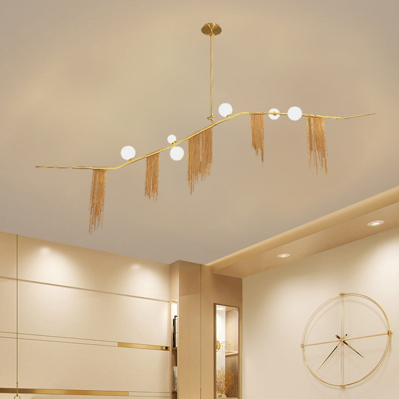 Golden Linear Chandelier Pendant Light with Bubble Shade Modern 6/9 Heads Opal Glass Hanging Fixture for Bedroom Clearhalo 'Ceiling Lights' 'Chandeliers' 'Modern Chandeliers' 'Modern' Lighting' 157422