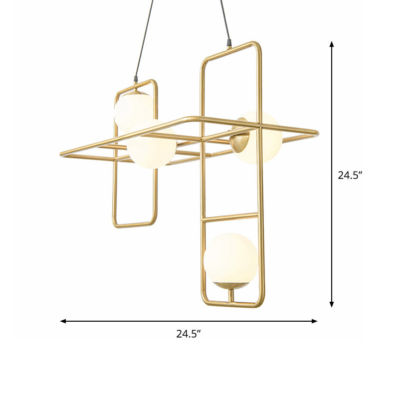 Crossed Rectangle Hanging Light with Globe Glass Shade Contemporary Metal 2/3/4 Heads Chandelier Light for Study Room Clearhalo 'Ceiling Lights' 'Chandeliers' 'Modern Chandeliers' 'Modern' Lighting' 157728