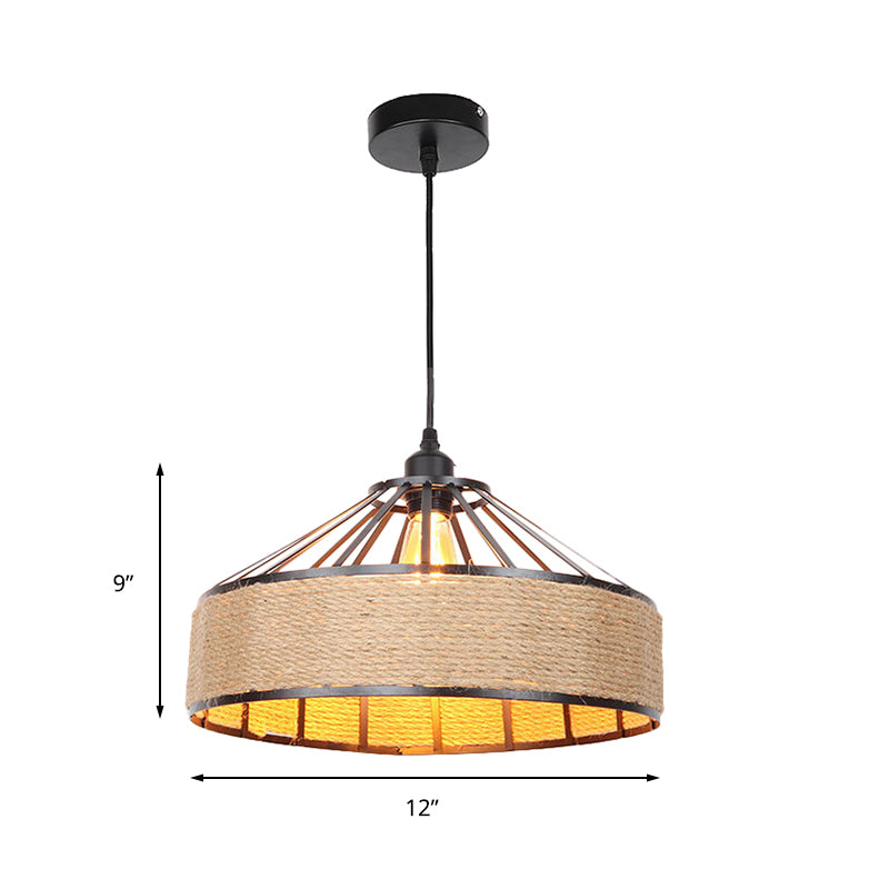 Drum Shade Rope Pendant Ceiling Light Vintage Style 1 Bulb Coffee Shop Hanging Light in Black Clearhalo 'Ceiling Lights' 'Industrial Pendants' 'Industrial' 'Middle Century Pendants' 'Pendant Lights' 'Pendants' 'Tiffany' Lighting' 157841