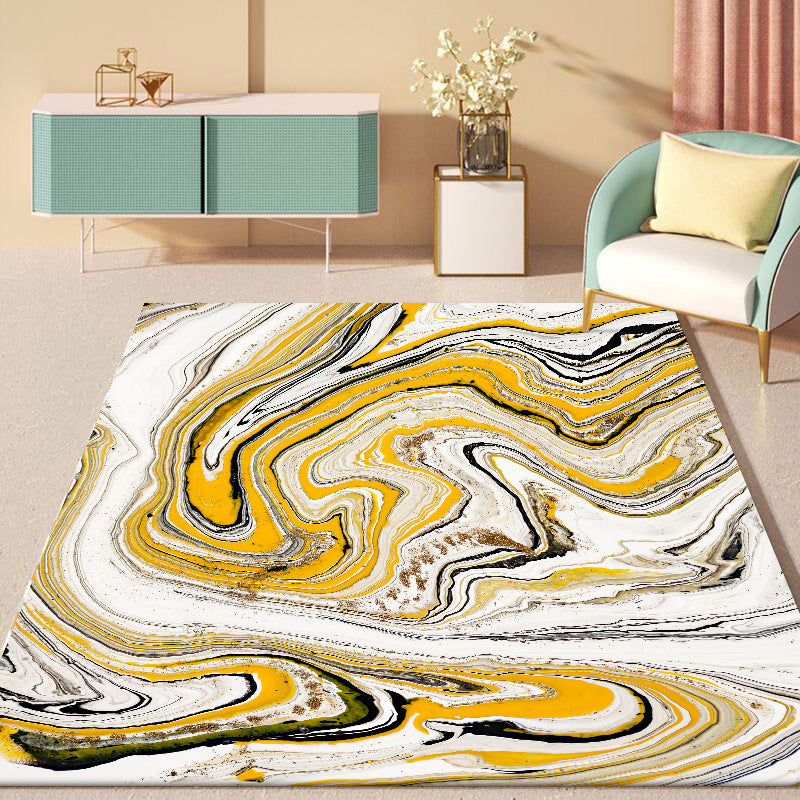 Yellow and White Contemporary Rug Polyester Swirl Lines Watercolor Print Rug Washable Non-Slip Backing Area Rug for Living Room Yellow Clearhalo 'Area Rug' 'Modern' 'Rugs' Rug' 1578892