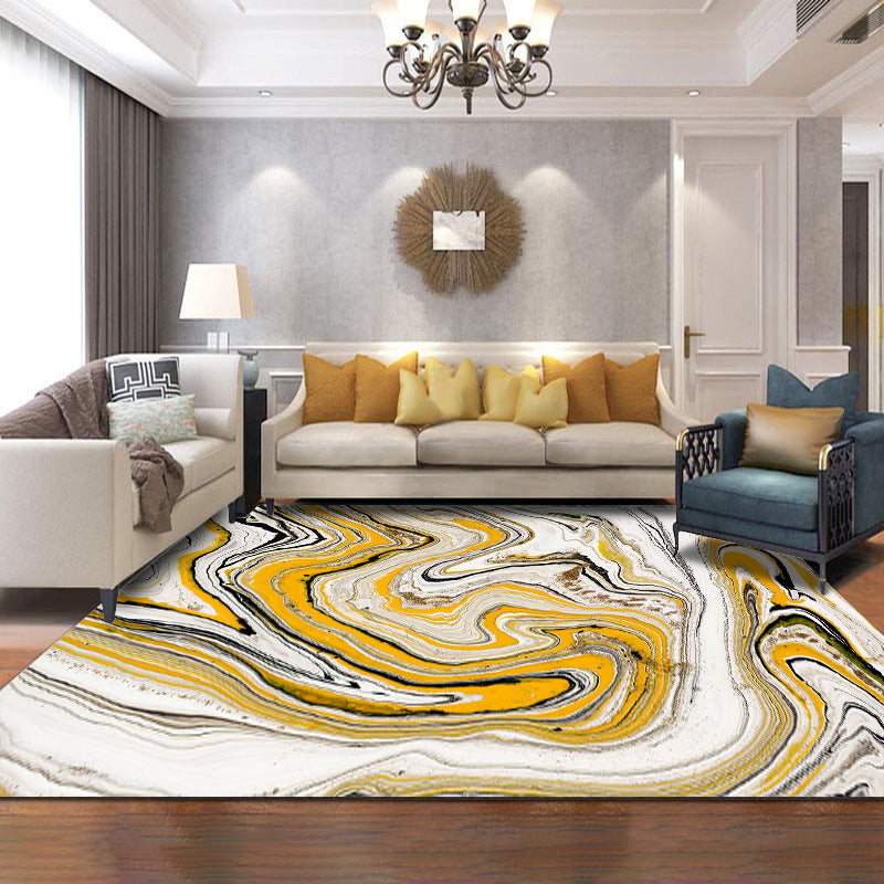 Yellow and White Contemporary Rug Polyester Swirl Lines Watercolor Print Rug Washable Non-Slip Backing Area Rug for Living Room Clearhalo 'Area Rug' 'Modern' 'Rugs' Rug' 1578893