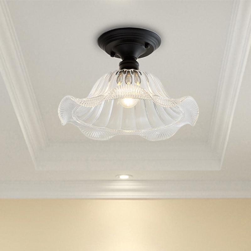 One Light Semi Flush Vintage Textured Glass Barn/Dome/Wavy Living Room Ceiling Lighting in Clear Clear Wavy Clearhalo 'Ceiling Lights' 'Close To Ceiling Lights' 'Close to ceiling' 'Glass shade' 'Glass' 'Semi-flushmount' Lighting' 157927