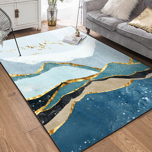 Blue and Golden Contemporary Rug Polyester Mountain Bird Pattern Rug Washable Non-Slip Backing Carpet for Living Room Light Blue Clearhalo 'Area Rug' 'Modern' 'Rugs' Rug' 1579391