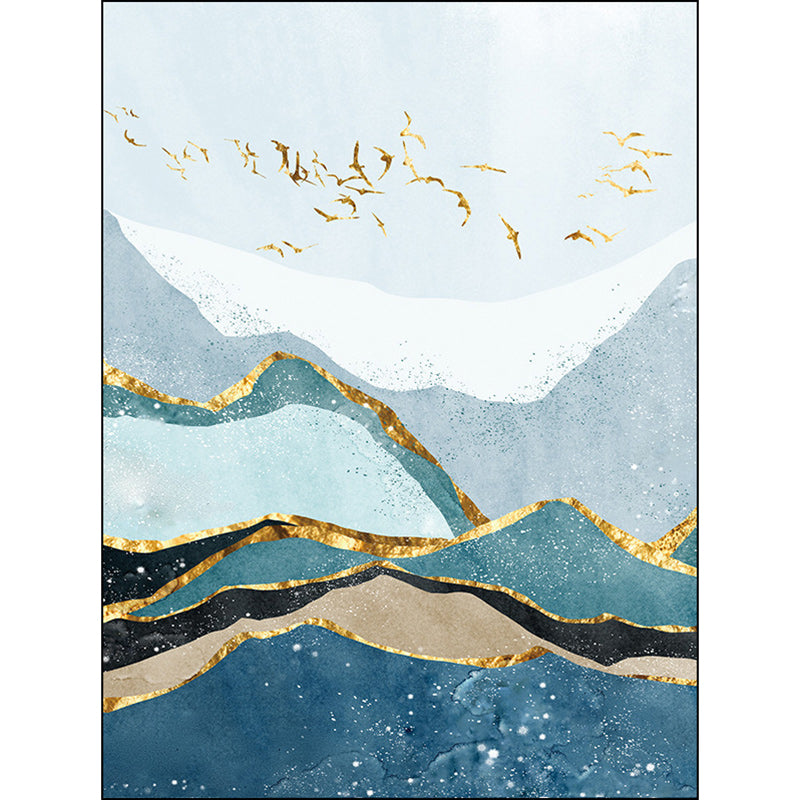 Blue and Golden Contemporary Rug Polyester Mountain Bird Pattern Rug Washable Non-Slip Backing Carpet for Living Room Clearhalo 'Area Rug' 'Modern' 'Rugs' Rug' 1579393