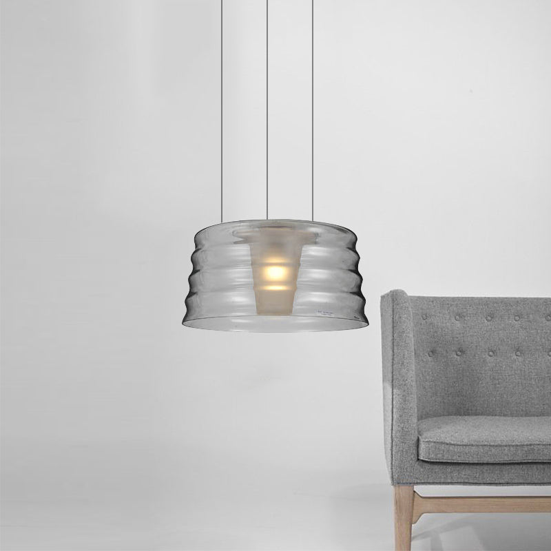 10"/14" Wide Drum Chandelier Pendant Contemporary Clear/Smoky Ruffle Glass 1 Light Led Living Room Hanging Light Smoke Gray Clearhalo 'Ceiling Lights' 'Glass shade' 'Glass' 'Modern Pendants' 'Modern' 'Pendant Lights' 'Pendants' Lighting' 157947