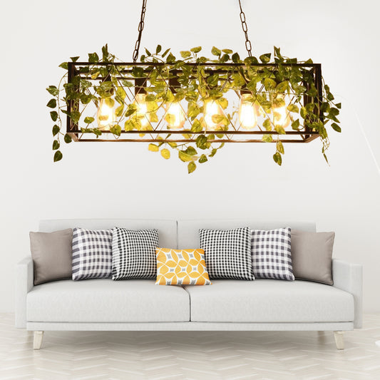 6 Lights Linear Cage Hanging Lamp Farmhouse Style Bronze Wrought Iron Island Ceiling Light for Restaurant Clearhalo 'Ceiling Lights' 'Island Lights' Lighting' 157968