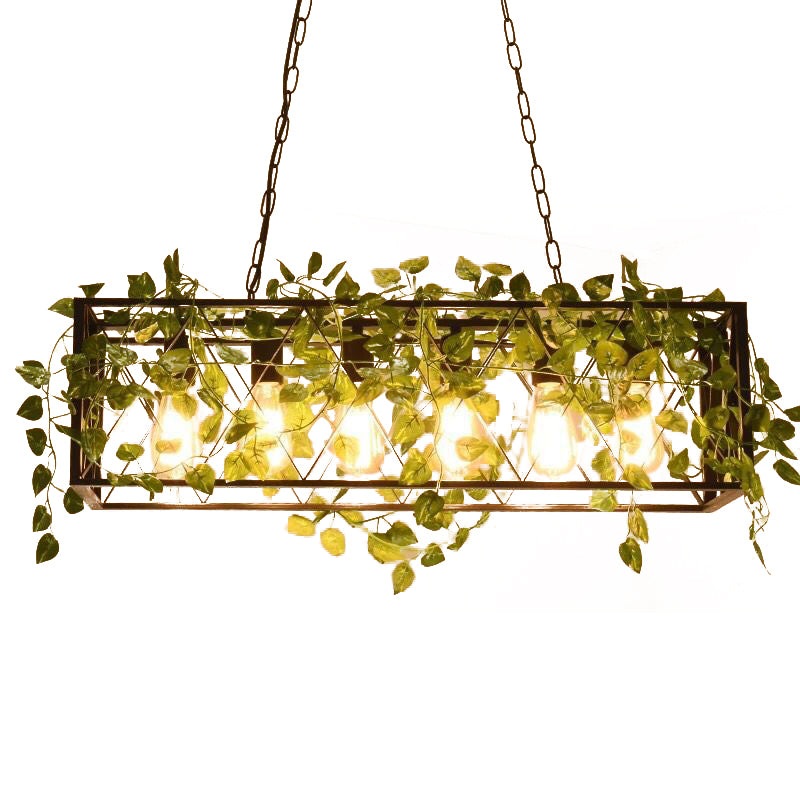 6 Lights Linear Cage Hanging Lamp Farmhouse Style Bronze Wrought Iron Island Ceiling Light for Restaurant Clearhalo 'Ceiling Lights' 'Island Lights' Lighting' 157969