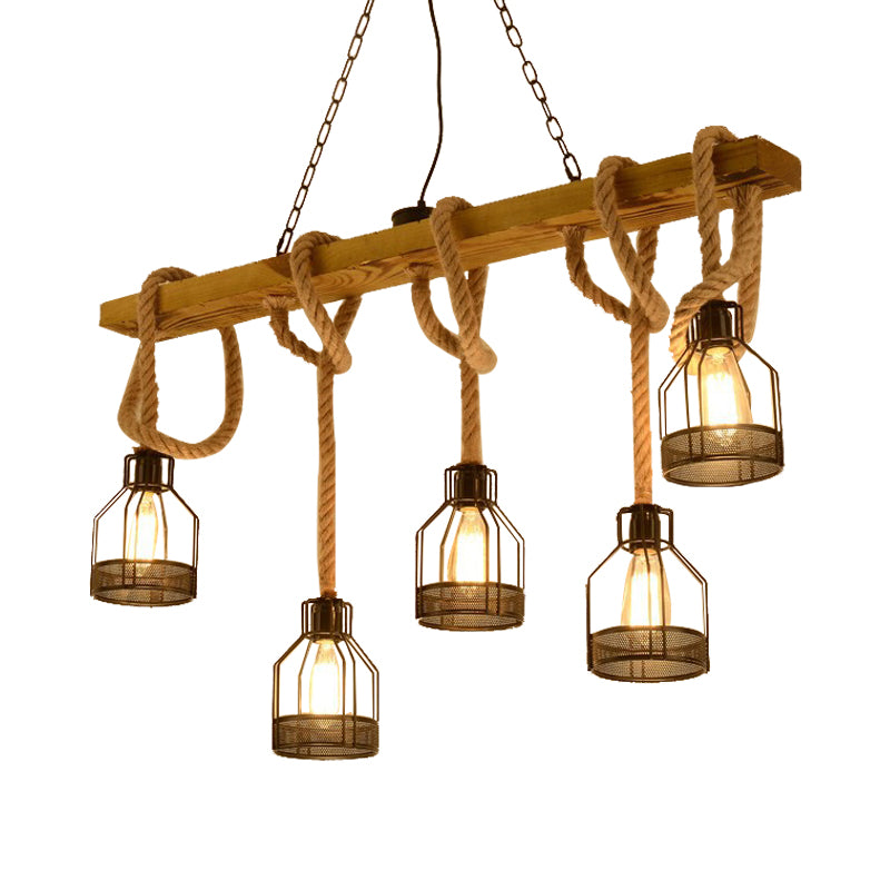 5 Heads Hanging Light Retro Industrial Wire Cage Metal Island Lighting with Adjustable Rope in Brown Clearhalo 'Ceiling Lights' 'Island Lights' Lighting' 157984