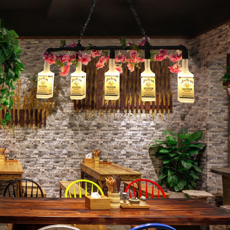 5 Lights Metal Hanging Pendant Light Vintage Style Yellow Bottle Shade Restaurant Island Lighting with Pipe Clearhalo 'Ceiling Lights' 'Close To Ceiling Lights' 'Glass shade' 'Glass' 'Island Lights' Lighting' 157987