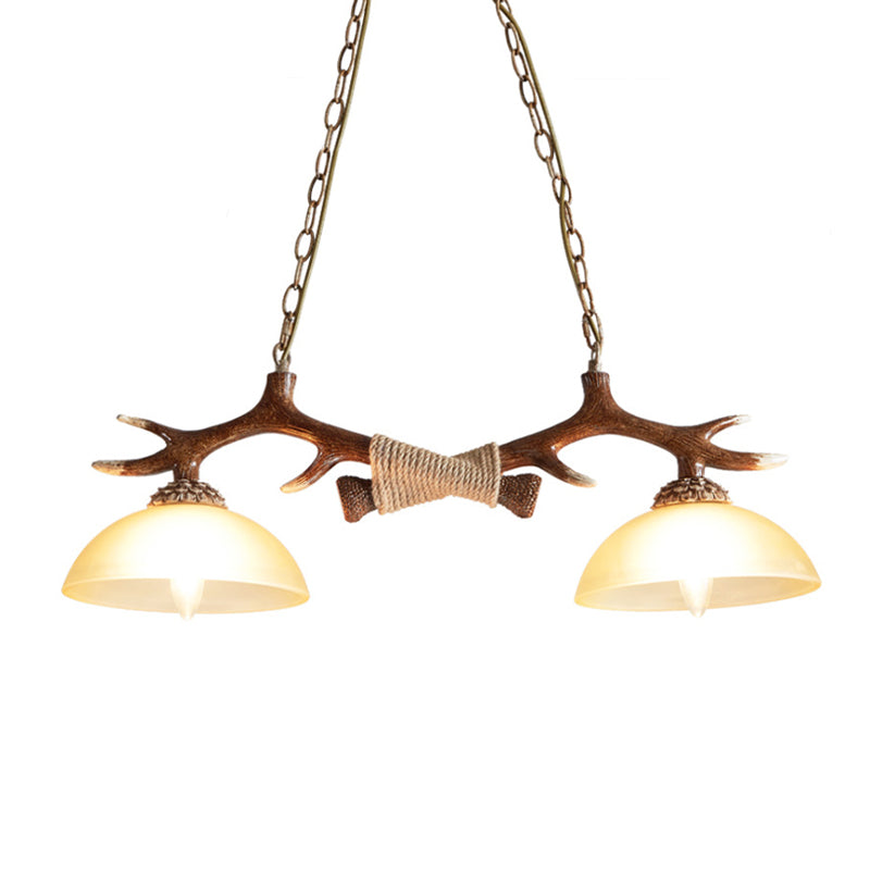 Bowl Shade Hanging Lamp Rustic Glass 2 Bulbs Hanging Pendant with Wood and Rope Decoration in Amber Clearhalo 'Ceiling Lights' 'Chandeliers' 'Glass shade' 'Glass' 'Island Lights' Lighting' 158005