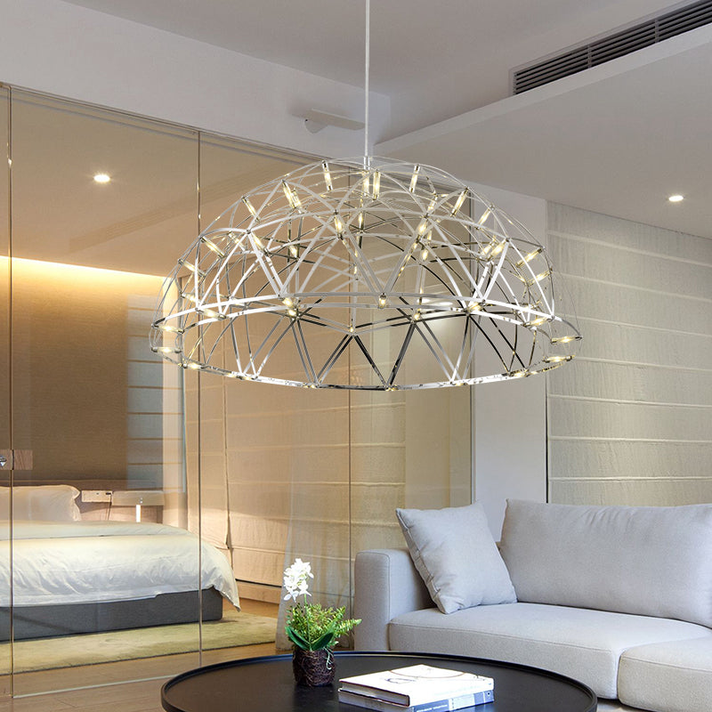 Dome Hanging Light Modern Metal 25.5"/31" W LED Chrome Chandelier Lamp with Crisscrossing Triangular Pattern, Warm/White Light Chrome Warm Clearhalo 'Ceiling Lights' 'Chandeliers' 'Modern Chandeliers' 'Modern' Lighting' 158041