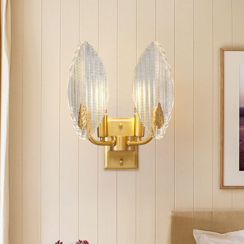 Brass 1/2-Bulb Sconce Light Vintage Clear Fluted Glass Leaf-Shaped Wall Lighting Idea 2.0 Brass Clearhalo 'Wall Lamps & Sconces' 'Wall Lights' Lighting' 1580589