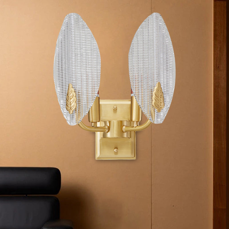 Brass 1/2-Bulb Sconce Light Vintage Clear Fluted Glass Leaf-Shaped Wall Lighting Idea Clearhalo 'Wall Lamps & Sconces' 'Wall Lights' Lighting' 1580590