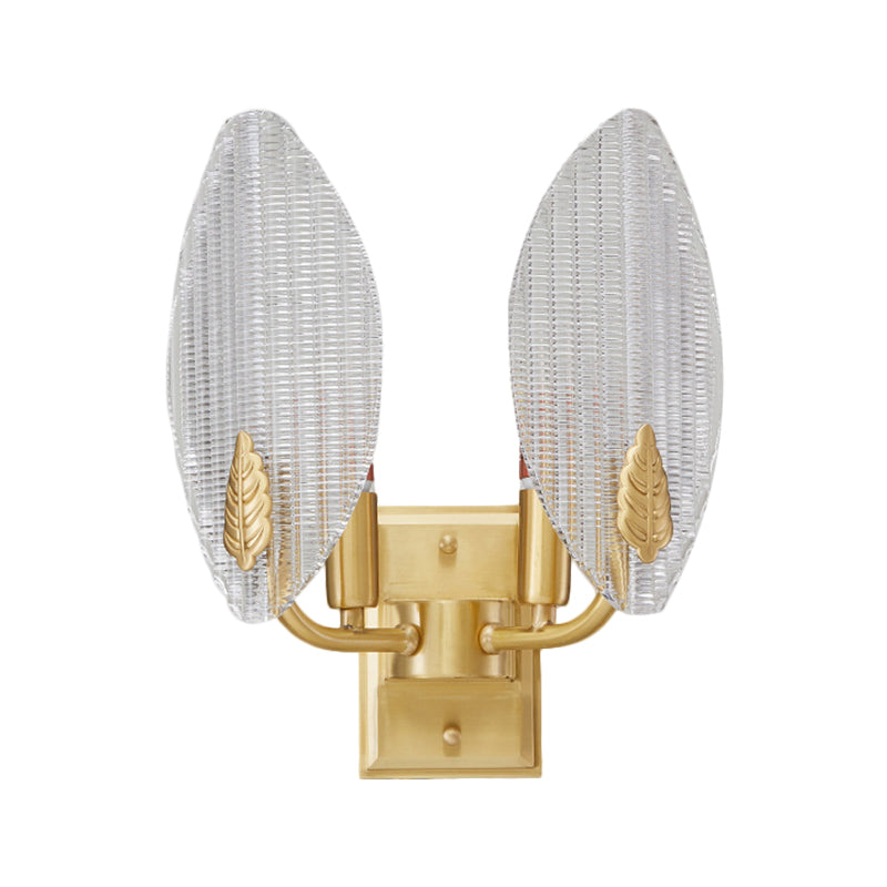 Brass 1/2-Bulb Sconce Light Vintage Clear Fluted Glass Leaf-Shaped Wall Lighting Idea Clearhalo 'Wall Lamps & Sconces' 'Wall Lights' Lighting' 1580591