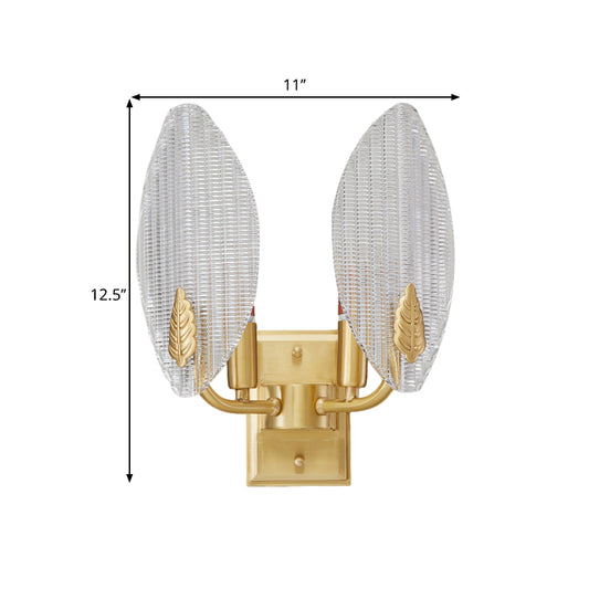 Brass 1/2-Bulb Sconce Light Vintage Clear Fluted Glass Leaf-Shaped Wall Lighting Idea Clearhalo 'Wall Lamps & Sconces' 'Wall Lights' Lighting' 1580592