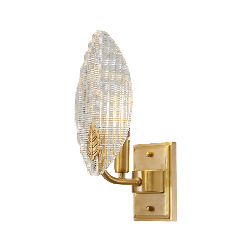 Brass 1/2-Bulb Sconce Light Vintage Clear Fluted Glass Leaf-Shaped Wall Lighting Idea Clearhalo 'Wall Lamps & Sconces' 'Wall Lights' Lighting' 1580596