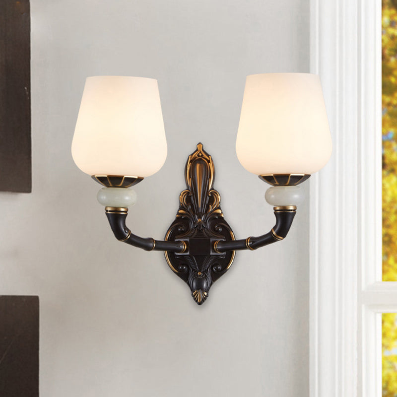 Cup-Like Bedside Sconce Lamp Retro Style Milky Glass 1/2-Bulb Black and Gold Wall Mount Light Fixture 2.0 Black-Gold Clearhalo 'Wall Lamps & Sconces' 'Wall Lights' Lighting' 1580632