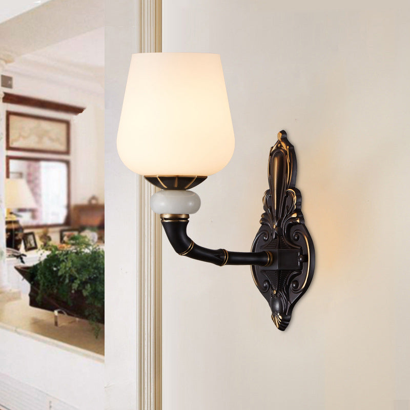 Cup-Like Bedside Sconce Lamp Retro Style Milky Glass 1/2-Bulb Black and Gold Wall Mount Light Fixture 1.0 Black-Gold Clearhalo 'Wall Lamps & Sconces' 'Wall Lights' Lighting' 1580636