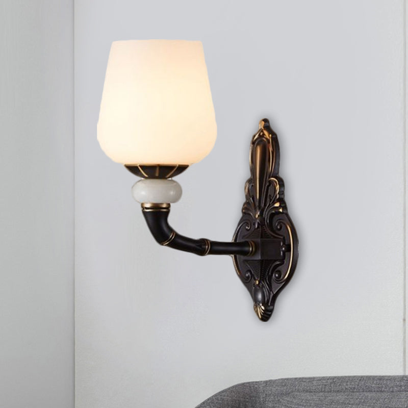 Cup-Like Bedside Sconce Lamp Retro Style Milky Glass 1/2-Bulb Black and Gold Wall Mount Light Fixture Clearhalo 'Wall Lamps & Sconces' 'Wall Lights' Lighting' 1580637