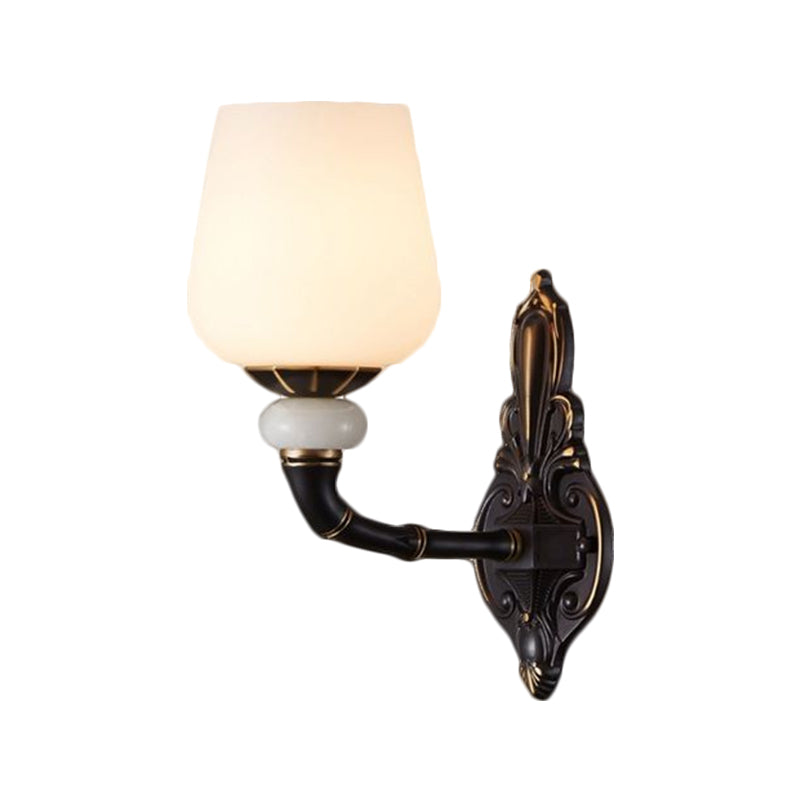 Cup-Like Bedside Sconce Lamp Retro Style Milky Glass 1/2-Bulb Black and Gold Wall Mount Light Fixture Clearhalo 'Wall Lamps & Sconces' 'Wall Lights' Lighting' 1580639