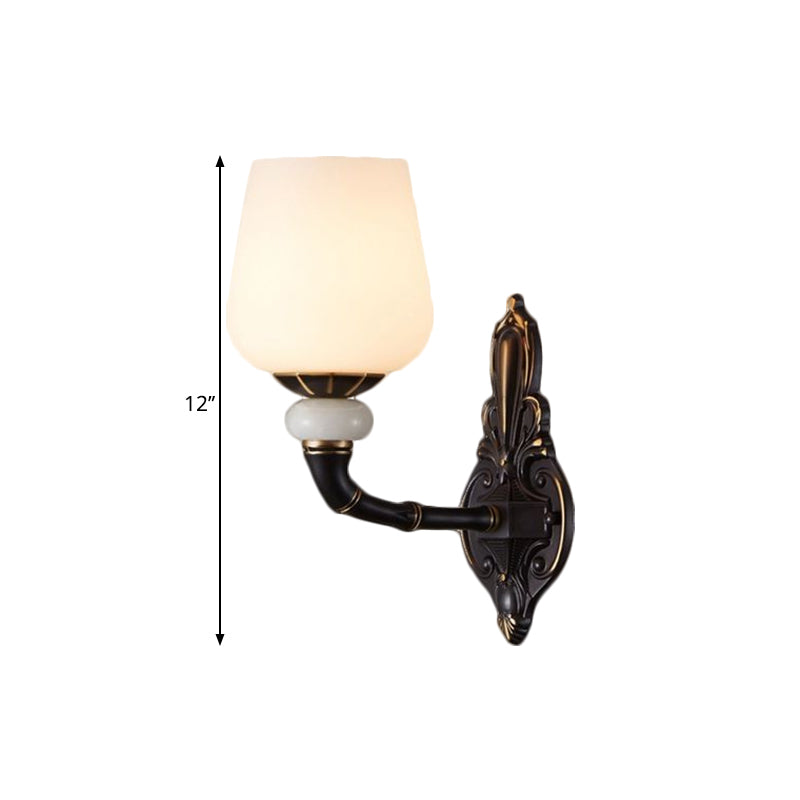 Cup-Like Bedside Sconce Lamp Retro Style Milky Glass 1/2-Bulb Black and Gold Wall Mount Light Fixture Clearhalo 'Wall Lamps & Sconces' 'Wall Lights' Lighting' 1580640