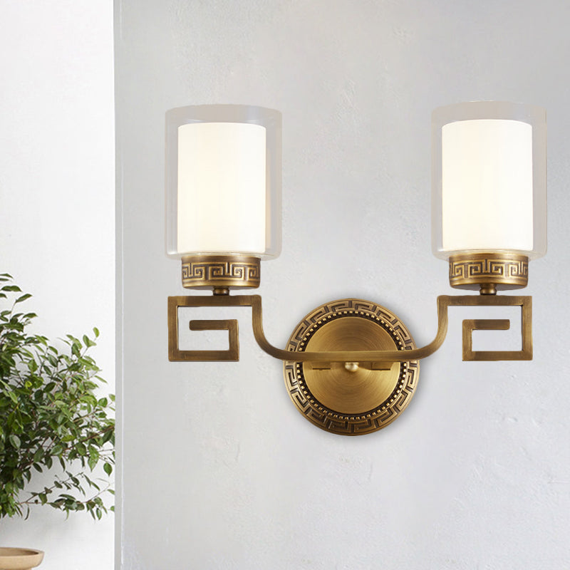 2 Bulbs Wall Sconce Light Traditional Dual Cylinder Clear and White Glass Wall Mount Lighting in Brass Brass Clearhalo 'Wall Lamps & Sconces' 'Wall Lights' Lighting' 1580641