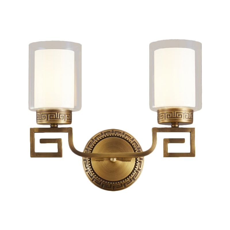 2 Bulbs Wall Sconce Light Traditional Dual Cylinder Clear and White Glass Wall Mount Lighting in Brass Clearhalo 'Wall Lamps & Sconces' 'Wall Lights' Lighting' 1580643