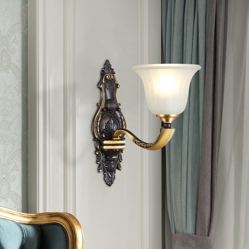 Farmhouse Bell Wall Lighting 1/2-Bulb White Fluted Glass Wall Mounted Lamp in Black and Gold 1.0 Black-Gold Clearhalo 'Wall Lamps & Sconces' 'Wall Lights' Lighting' 1580673